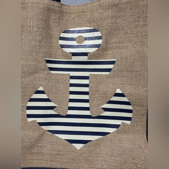 Burlap and Canvas Nautical Navy and white striped Anchor tote bag - Picture 4 of 7